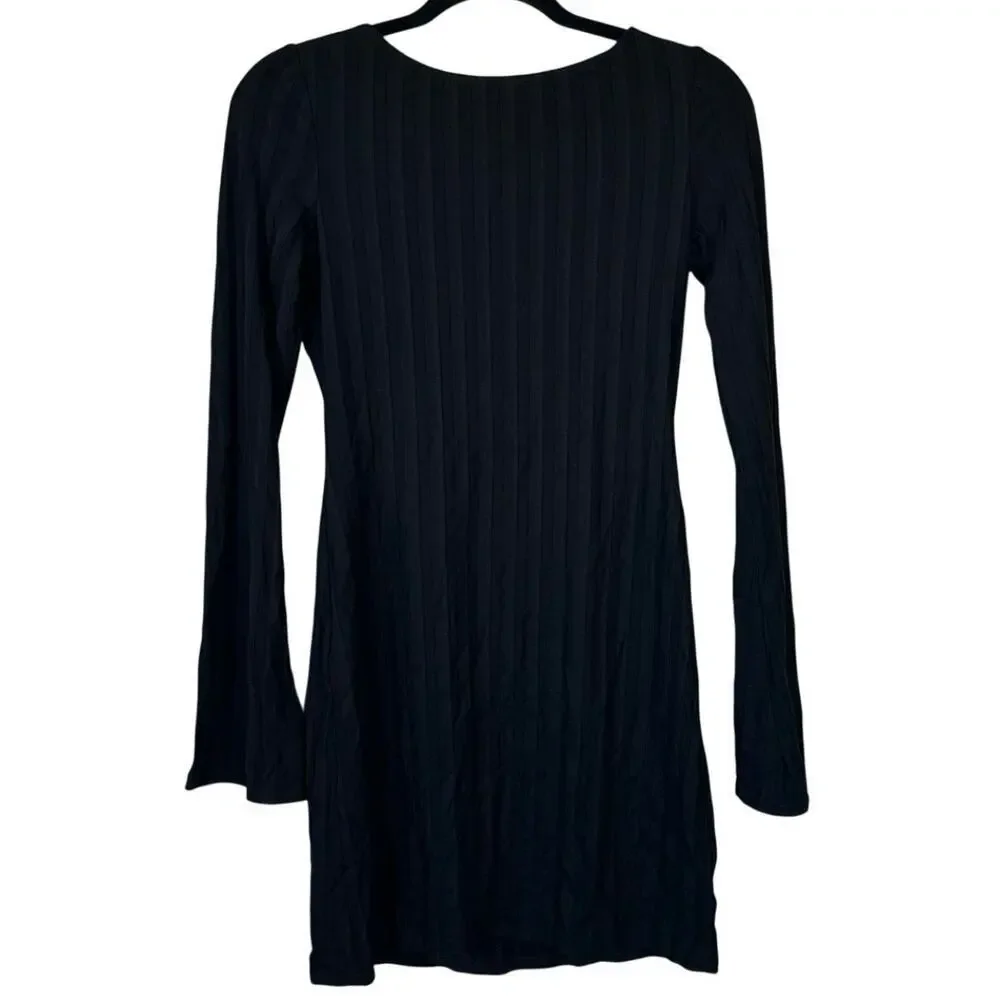 REFORMATION Cait Dress Open Back Long Sleeve Mini Black Size Extra Small Ribbed - Picture 2 of 9